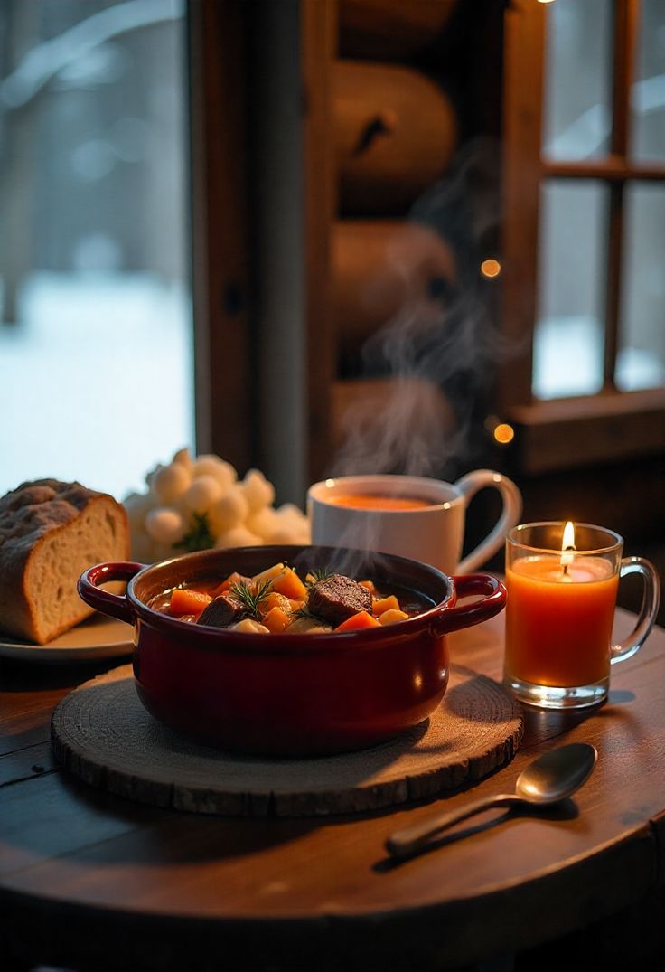warm food with candle, bread and tea