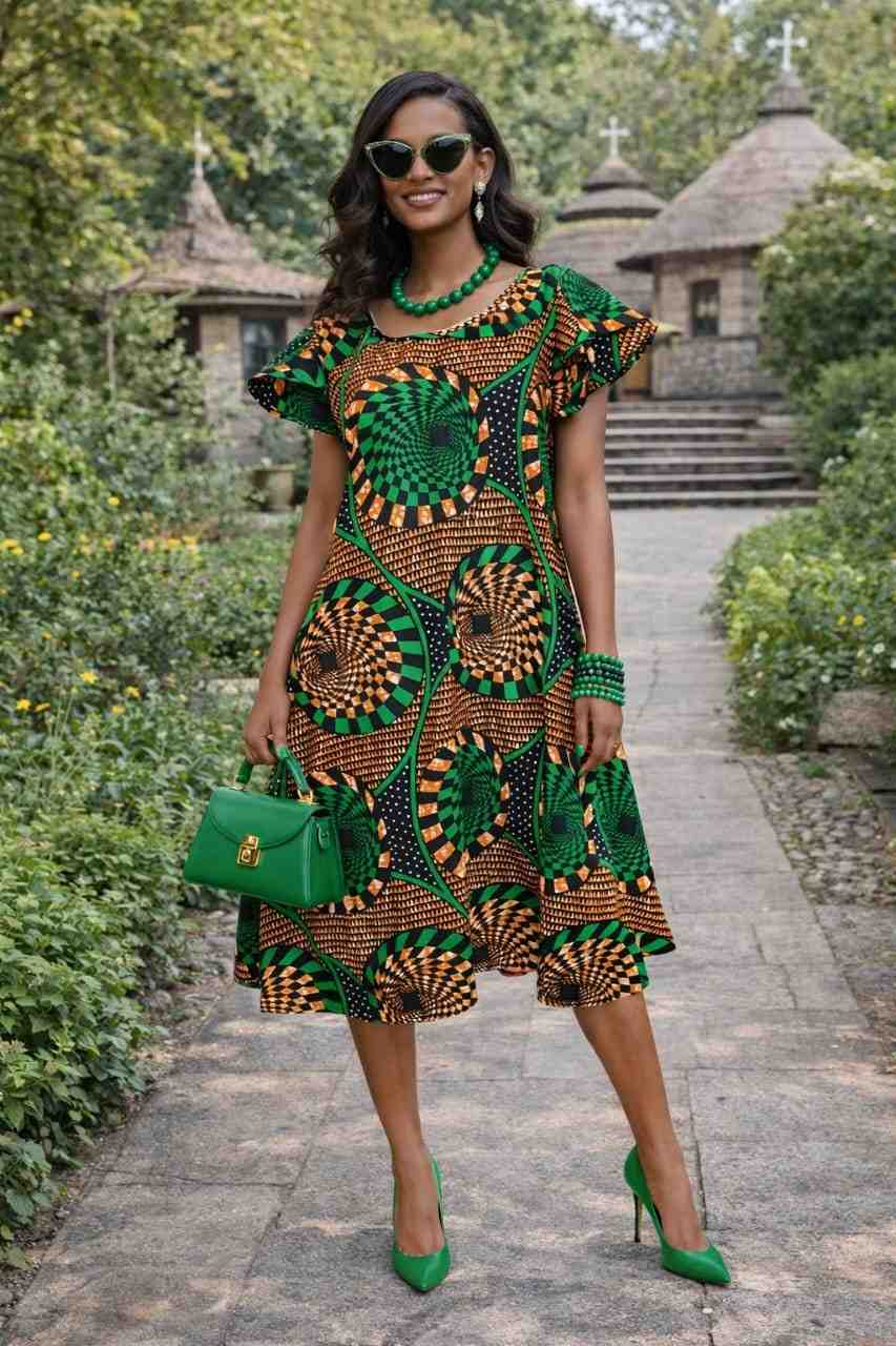 **Alt Text:**  A woman wearing a tailored, mid-length A-line dress with a classic collar and short sleeves, showcasing the bold and intricate African patterns running throughout the fabric of the Busiswa design.