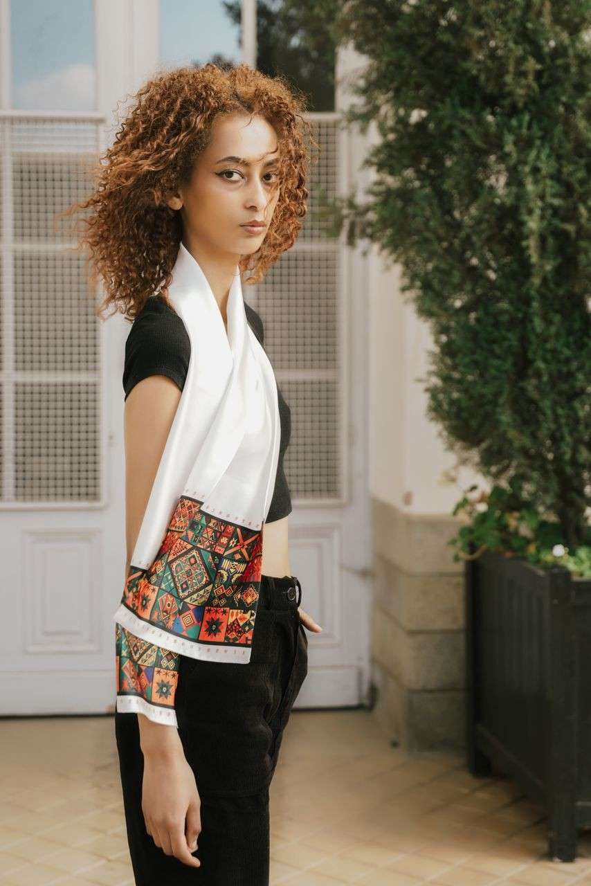 Zemenay Silk Scarf – Gray Heritage Print