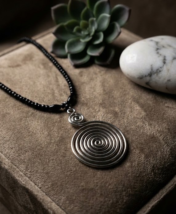 Jorova Silver Spiral Pendant with Black Beads