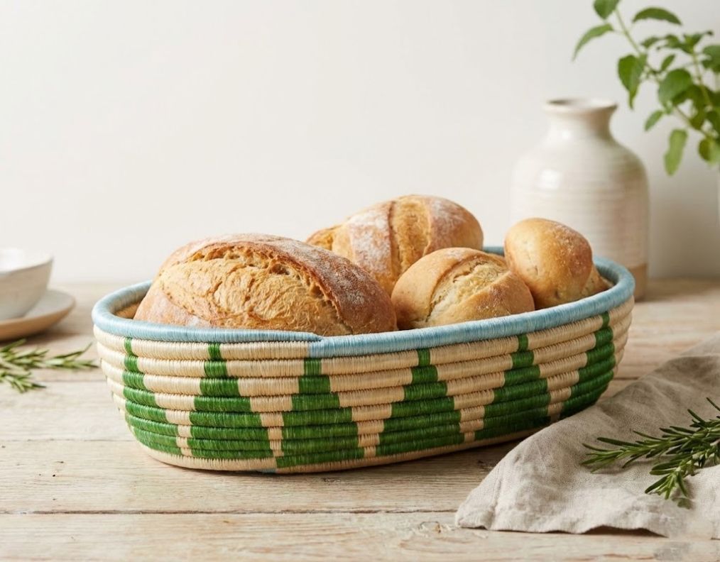 Green & Tan Geometric African Woven Breadbasket