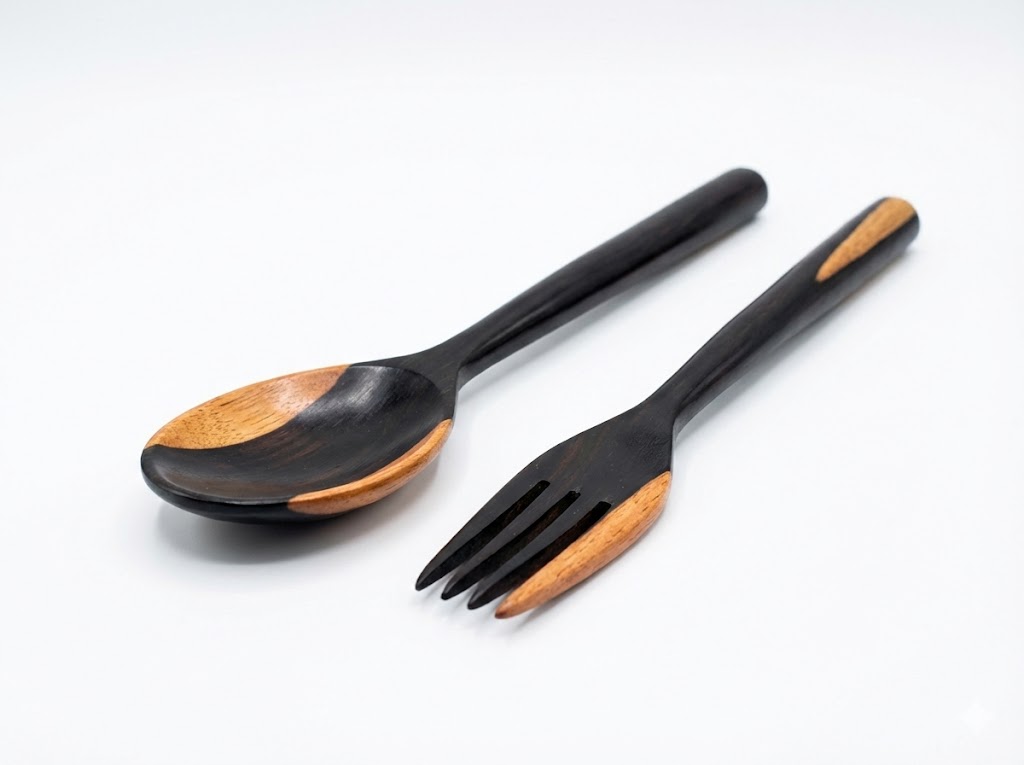 Handcrafted Ebony Wood Serving Spoon & Fork Set