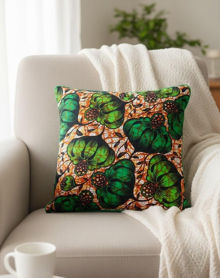 African Print Pillow Cover - Tropical Leaf Design