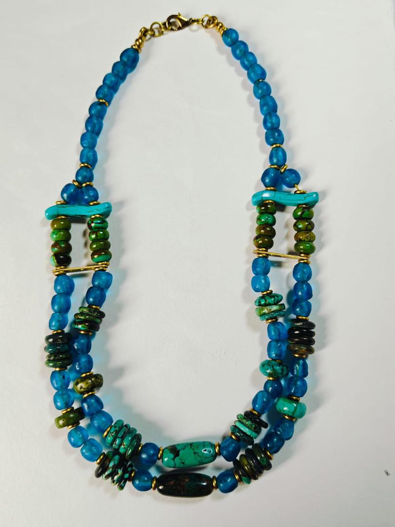 Double Strand African Turquoise & Krobo Beaded Necklace