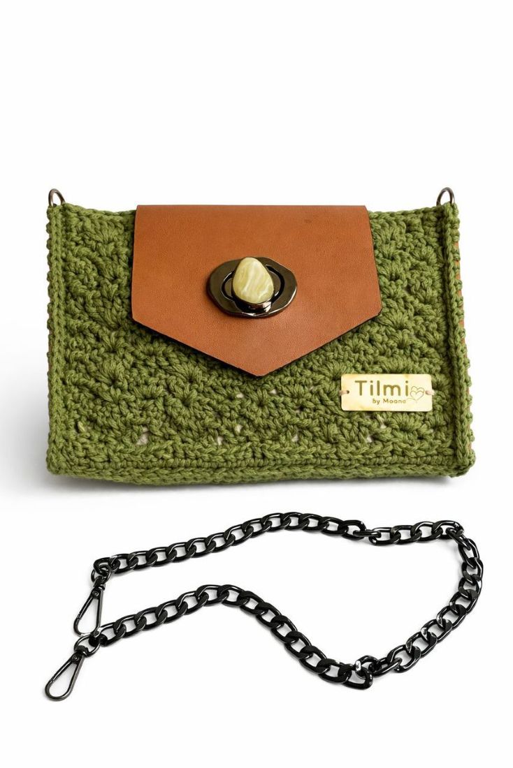 Olive Green Crochet Shoulder Bag with Macramé Cotton and Leather Details