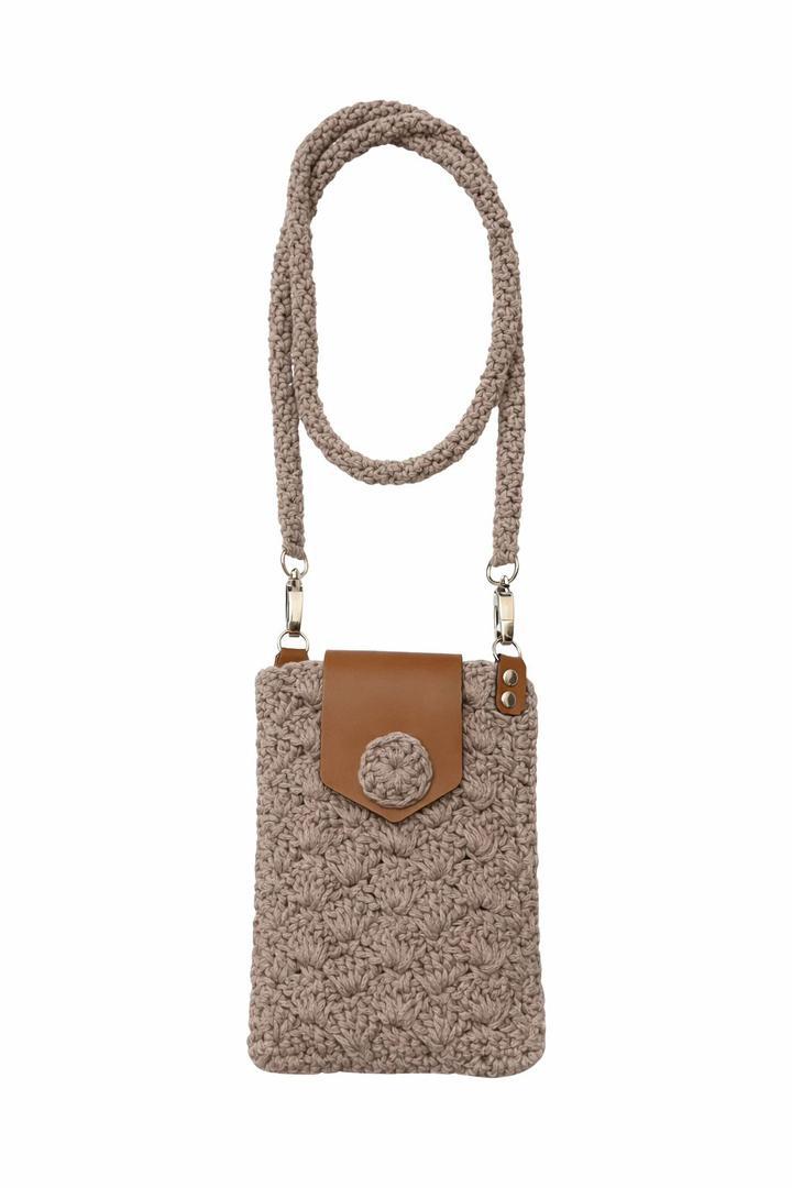 Elegant Grey Crochet Phone Bag with Macramé Cotton & Leather Accents