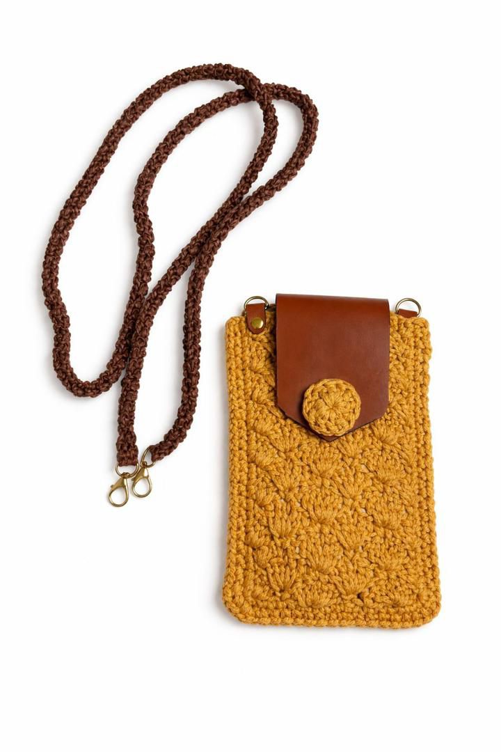 Handmade Mustard Yellow Crochet Phone Bag with Macramé Cotton & Leather