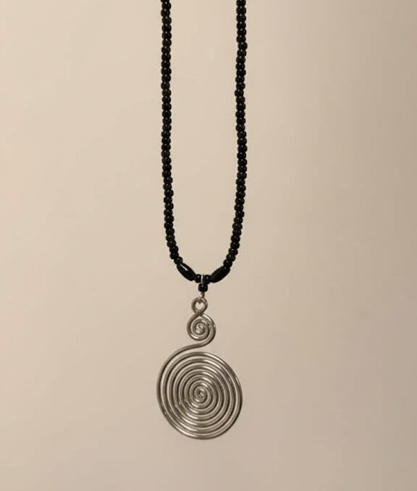 Jorova Silver Spiral Pendant with Black Beads