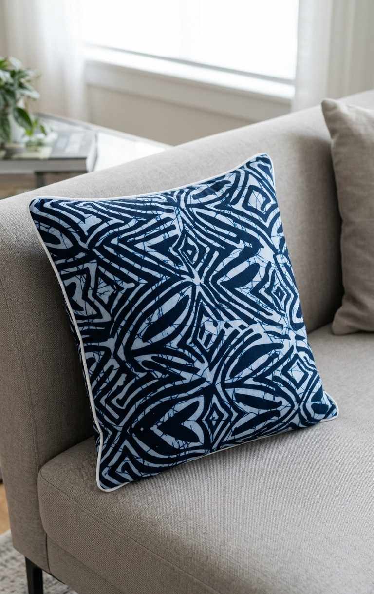 African Print Pillow Cover - Indigo Batik Design