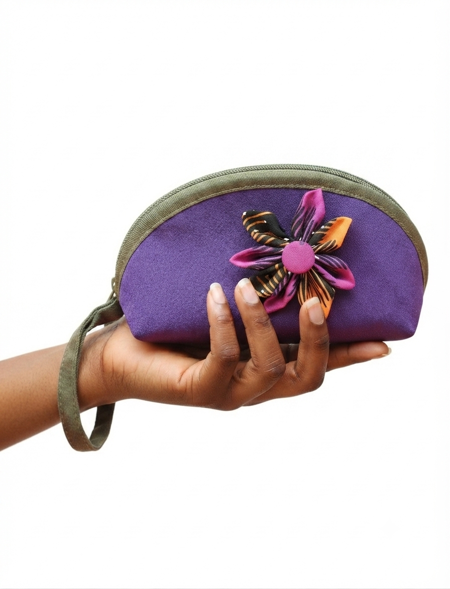 Ankara Flower Pouch with Wrist Strap - Purple