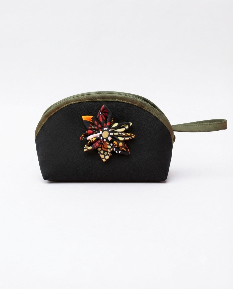 Ankara Flower Pouch with Wrist Strap - Black