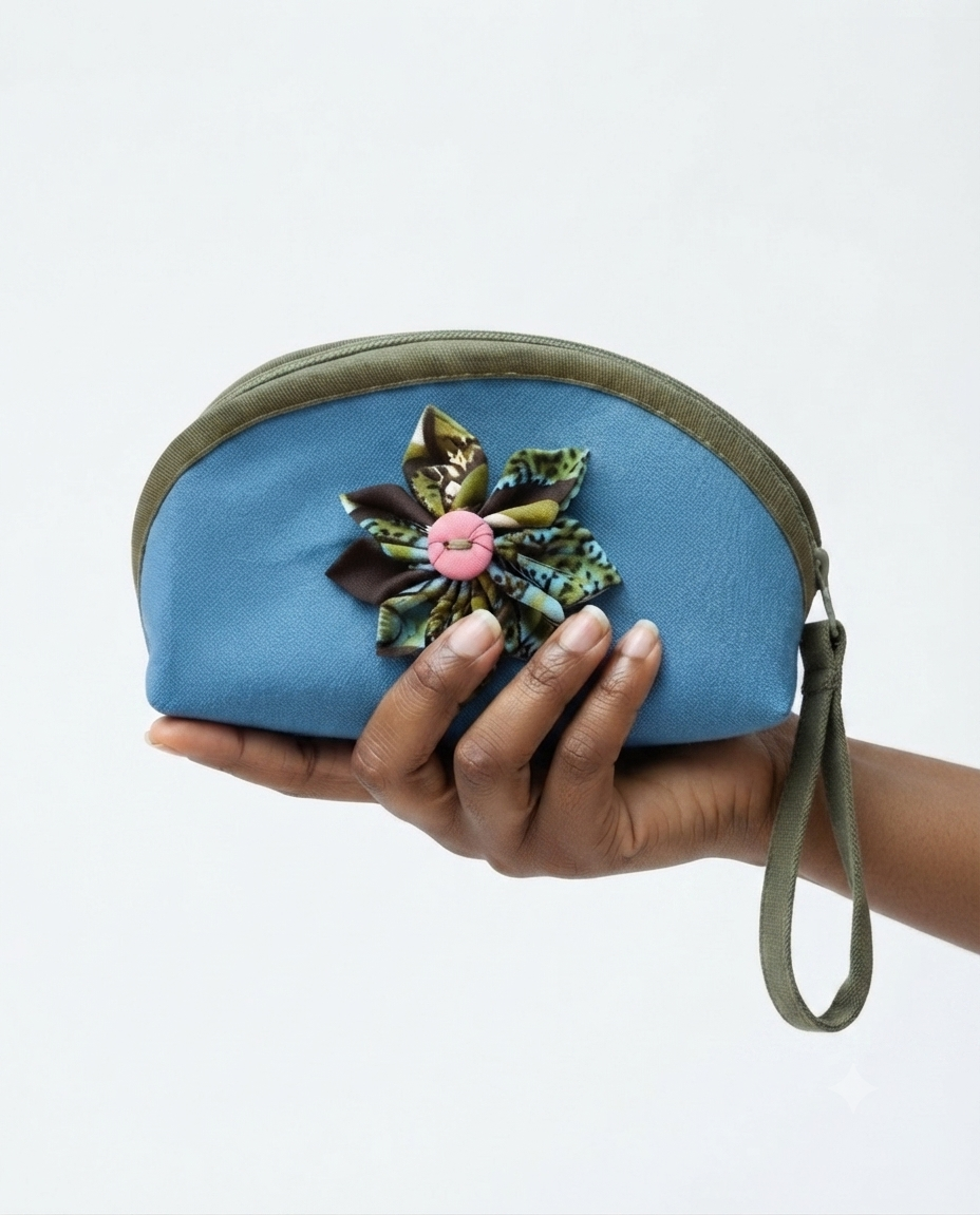 Ankara Flower Pouch with Wrist Strap - Blue