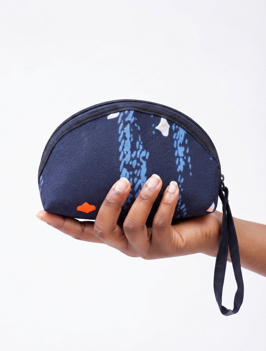 Navy Blue Ankara Pouch With White Spots 
