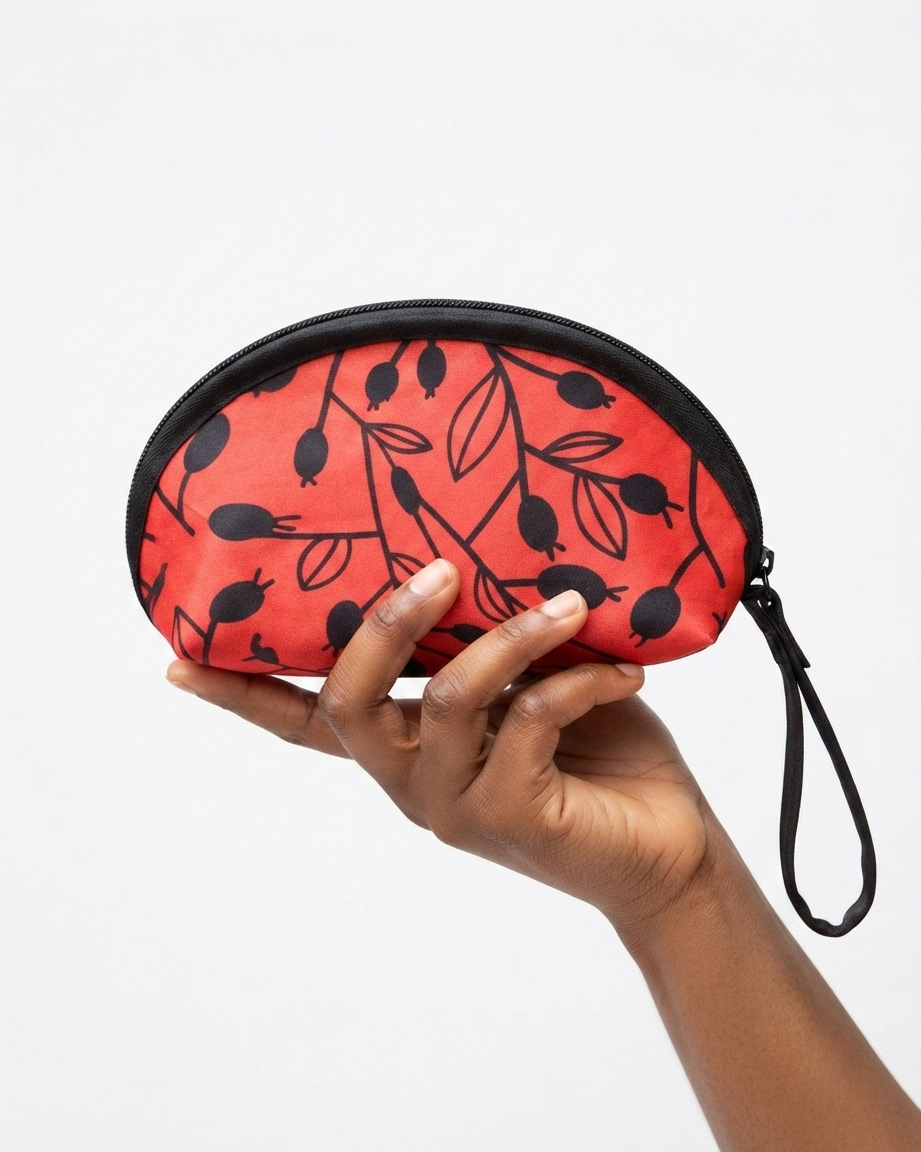 Red/Black Leaves Print Pouch with Wrist Strap
