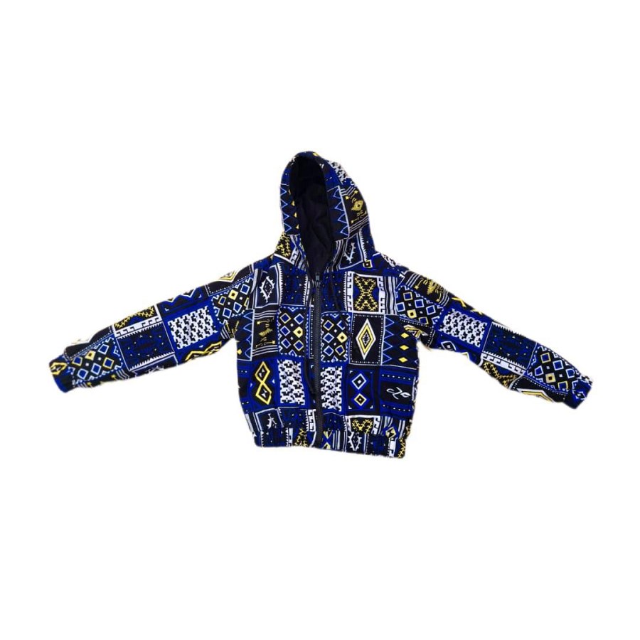 Blue & Yellow Geometric Kid's Hoodie Jacket from Afrikart