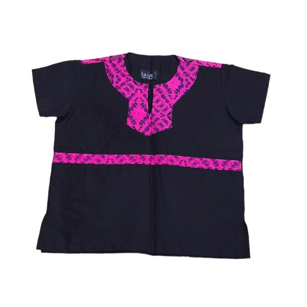 Black Cotton Kid's Shirt With Pink Accent