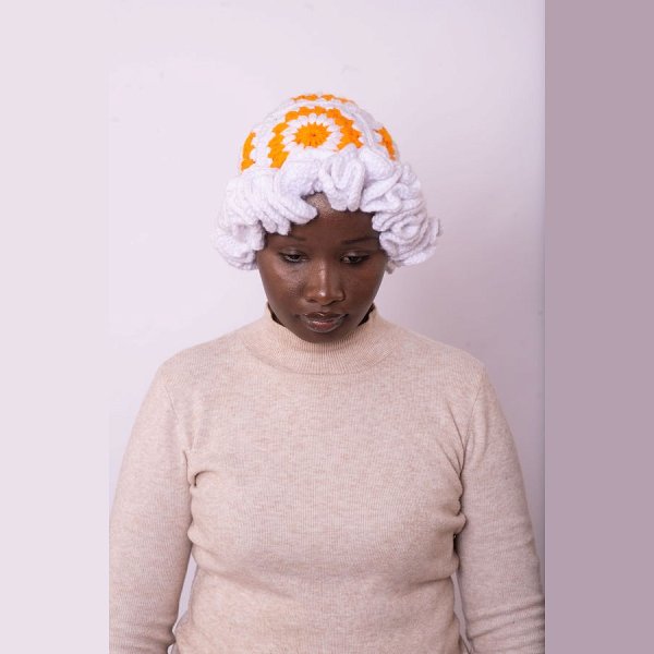 Tangerine & White Granny Squared Ruffled Hat