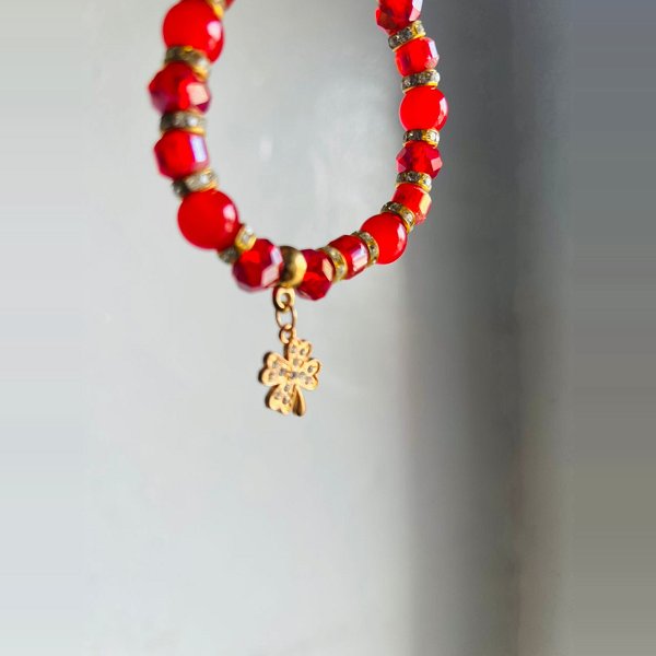 Red Crystal Bracelet With Gold Clover Charm