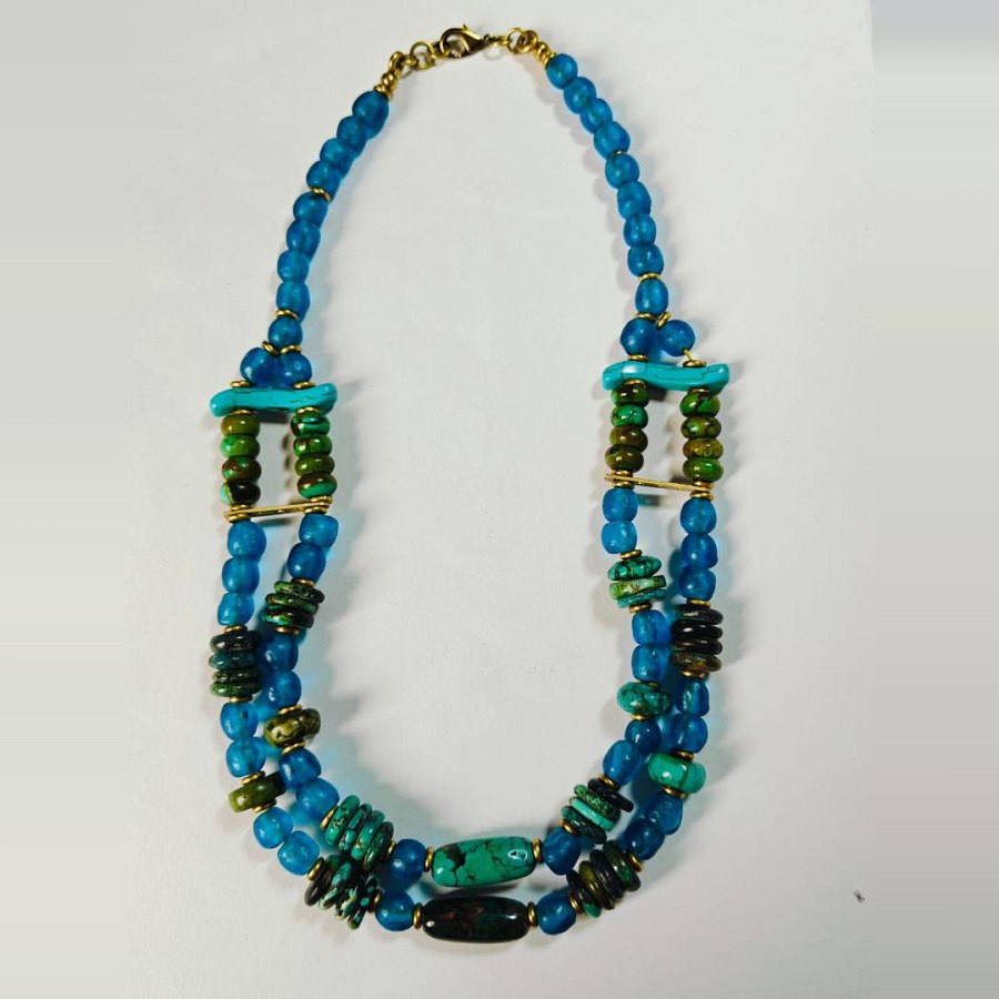 Double Strand African Turquoise & Krobo Beaded Necklace from Afrikart