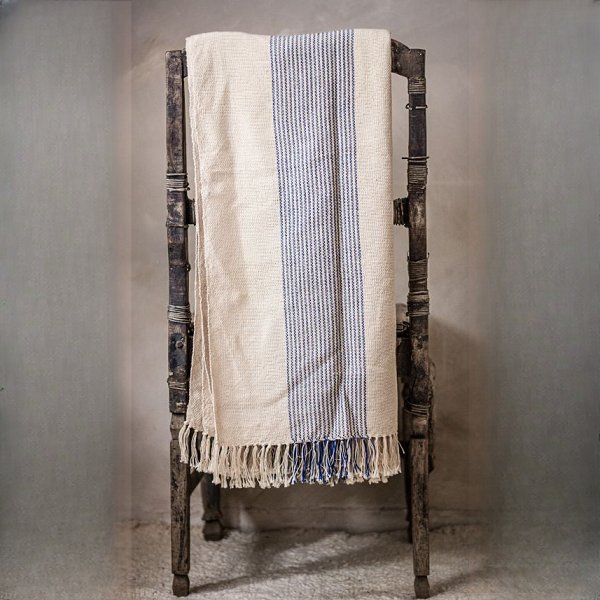 Luxurious Handcrafted Saucy Mukosa Katete Blue Stripe Bed Throw | Softened Ivory & Blue
