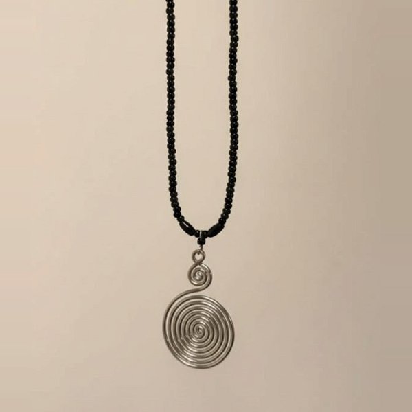 Jorova Silver Spiral Pendant with Black Beads