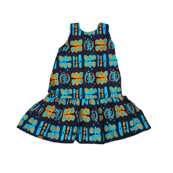 Turquoise Blue & Orange Bottom-Ruffle Kid's Dress
