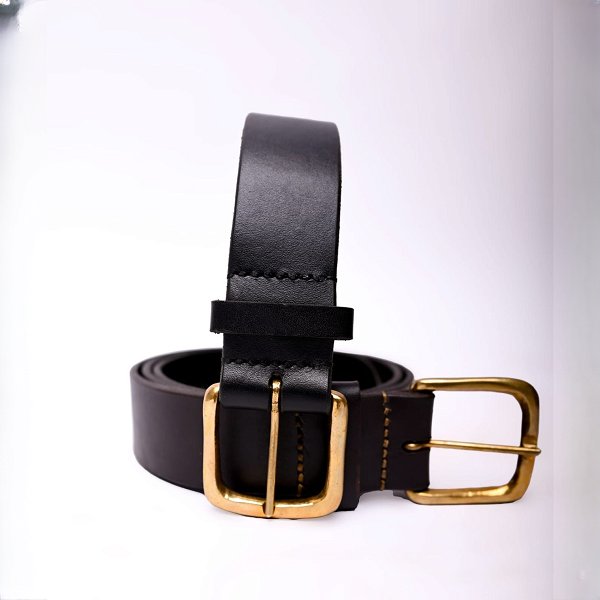 Plain Leather Belt With Brass Buckles