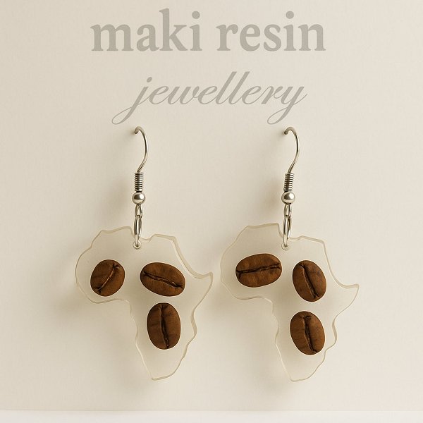Handmade African Map Coffee Bean Resin Earrings 