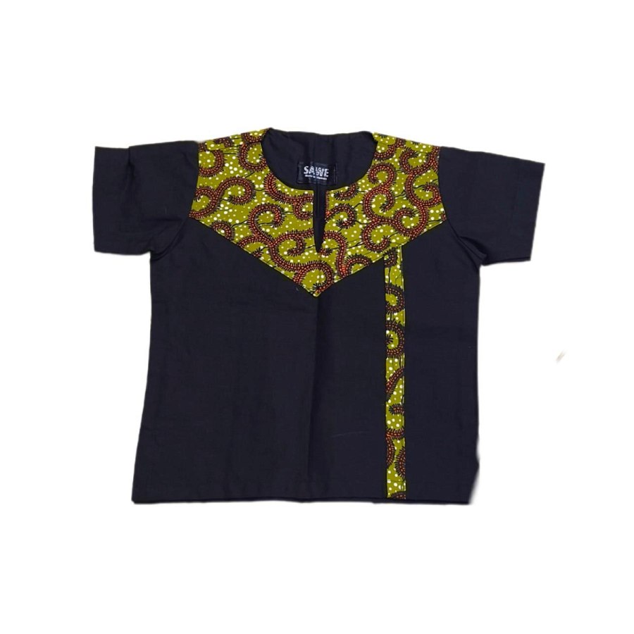 Black Cotton Kid's Shirt With Olive Green Accent from Afrikart