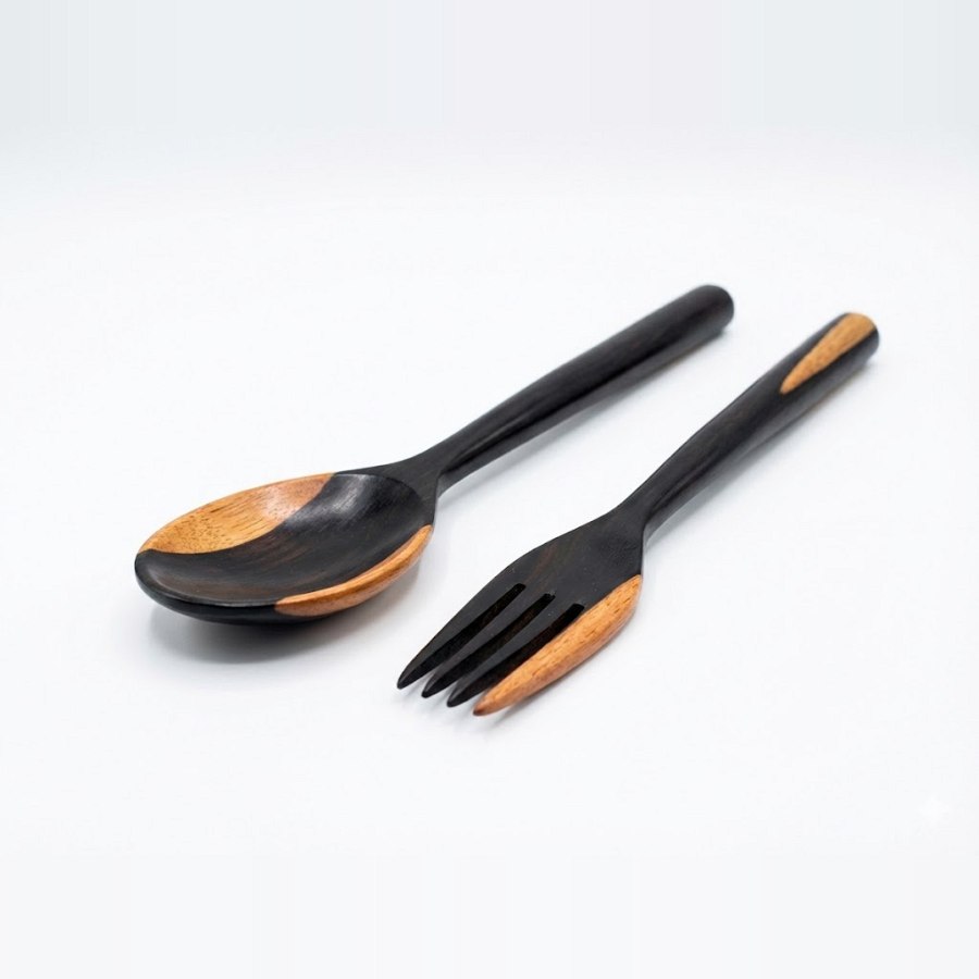 Handcrafted Ebony Wood Serving Spoon & Fork Set from Afrikart