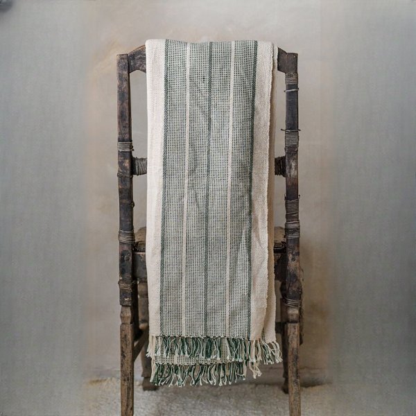 Luxurious Handcrafted Saucy Mukosa Katete Green Stripe Bed Throw | Softened Ivory & Green