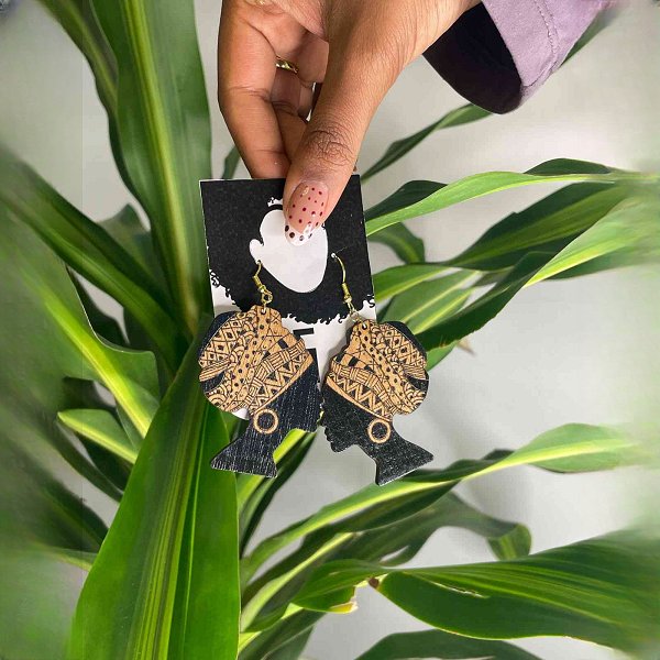 African Lady Wooden Earrings